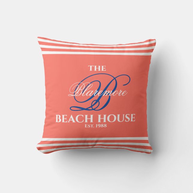 Coral Family Name Blue Initial Beach House Cushion (Front)
