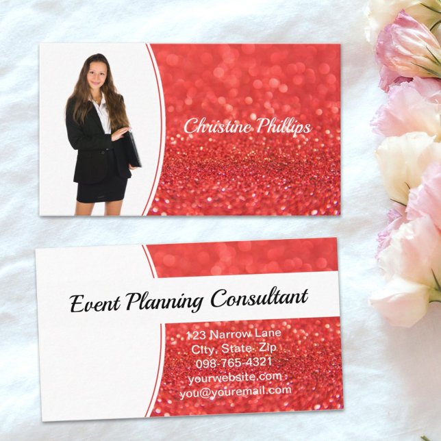 Coral Faux Glitter Professional Photo Business Card (Simply add photo and text on this faux glitter business card design.)