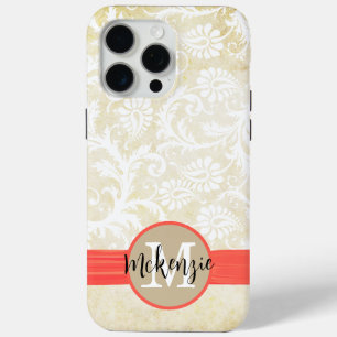 Coral Faux Rhinstone Personalised Damask iPhone 15 Pro Max Case