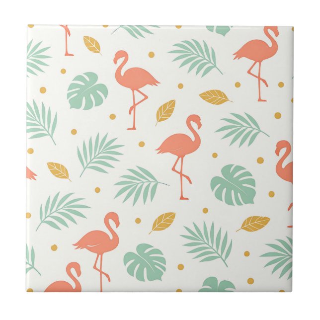 Coral Flamingo Tropical Leaf Pattern Ceramic Tile (Front)