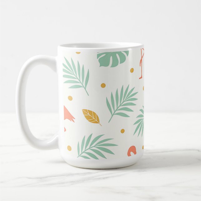Coral Flamingo Tropical Leaf Pattern Coffee Mug (Left)