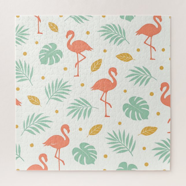 Coral Flamingo Tropical Leaf Pattern Jigsaw Puzzle (Vertical)