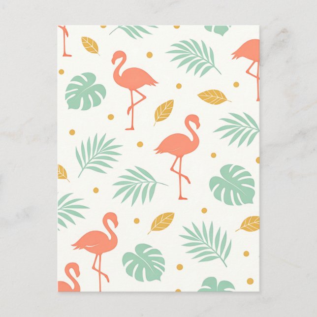 Coral Flamingo Tropical Leaf Pattern Postcard (Front)