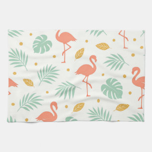 Coral Flamingo Tropical Leaf Pattern Tea Towel
