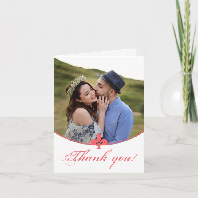 Coral Fleur de Lis Photo Wedding Thank You Cards (Front)