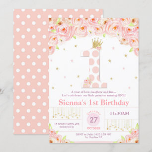 Coral Floral 1st Birthday Princess Invitation Girl