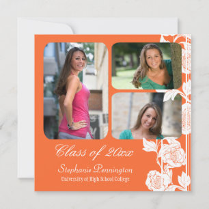 Coral floral 3 photo graduation party announcement