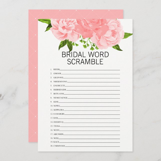 Coral Floral Bridal Shower Word Scramble Game Card (Front/Back)