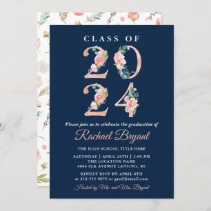 Coral Floral Class of 2024 Navy Blue Graduation Invitation