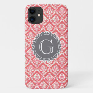 Coral Floral Damask Pattern Grey Monogram iPhone 11 Case