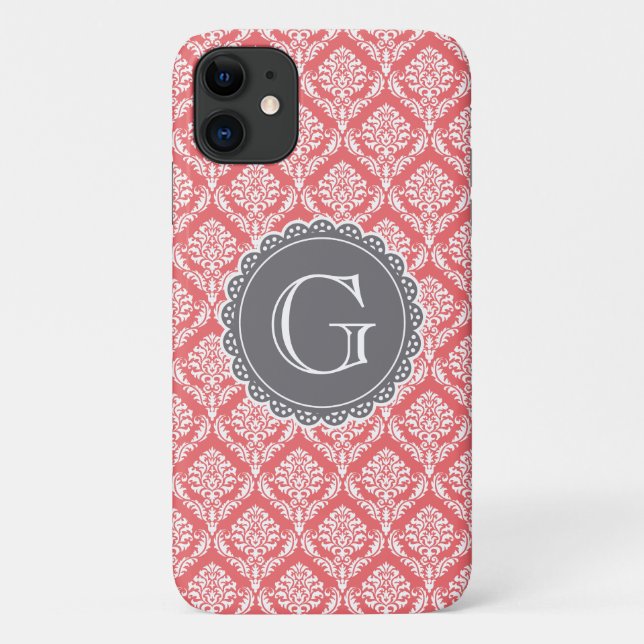Coral Floral Damask Pattern Grey Monogram Case-Mate iPhone Case (Back)