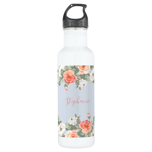 Coral Floral Dusty Blue Personalised 710 Ml Water Bottle (Front)