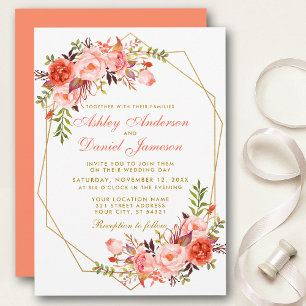 Coral Floral Geometric Gold Wedding Invitation