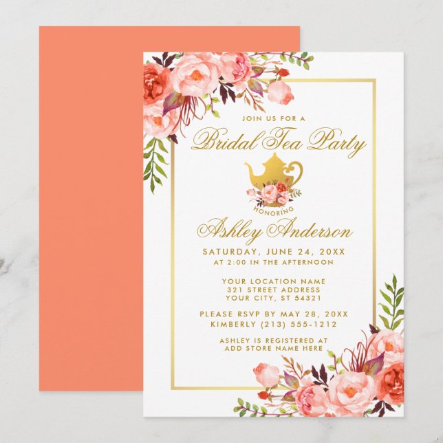 Coral Floral Gold Bridal Shower Tea Party Invite (Front/Back)