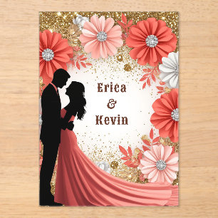 💍 Coral Floral Gold Engagement Couple 💍 Acrylic Invitations