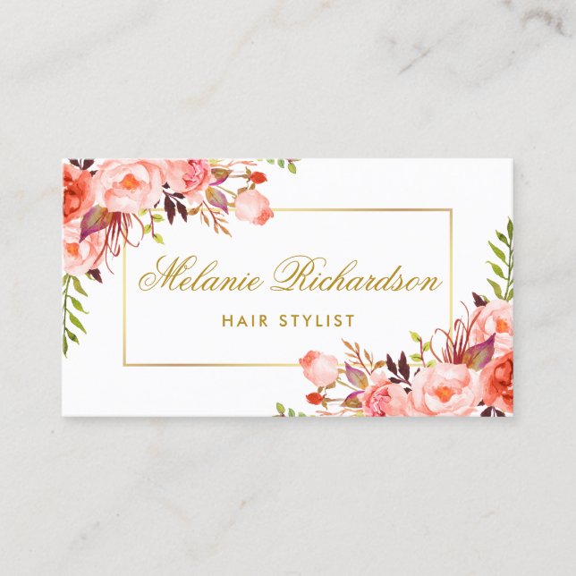 Coral Floral & Gold Hair Stylist Appointment Card (Front)