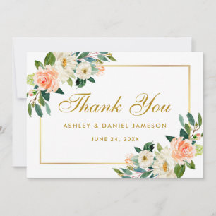 Coral Floral Gold Wedding Thank You Card