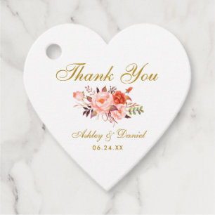Coral Floral Gold Wedding Thank You Heart Favour Tags