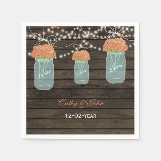 coral floral mason jar personalised wedding napkin (Front)