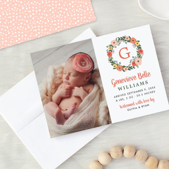 Coral Floral Monogram Wreath Baby Girl Photo Birth Announcement (Creator Uploaded)