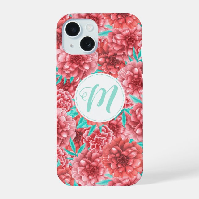 Coral Floral Pattern & Monogram iPhone 15 Case (Back)