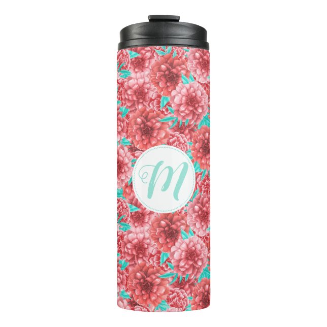 Coral Floral Pattern & Monogram Thermal Tumbler (Front)