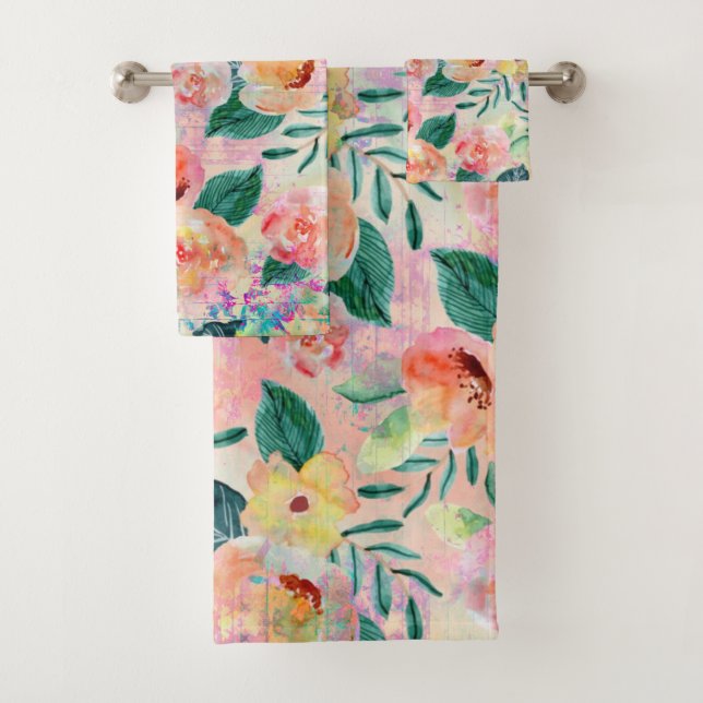 Coral Floral Pattern Towel Set (Insitu)