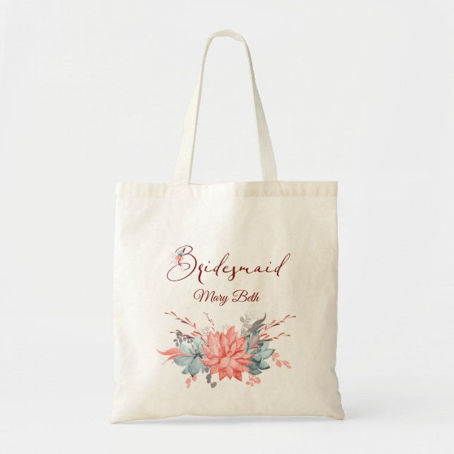 Coral Floral Personalised Bridesmaid Tote Bag (Front)