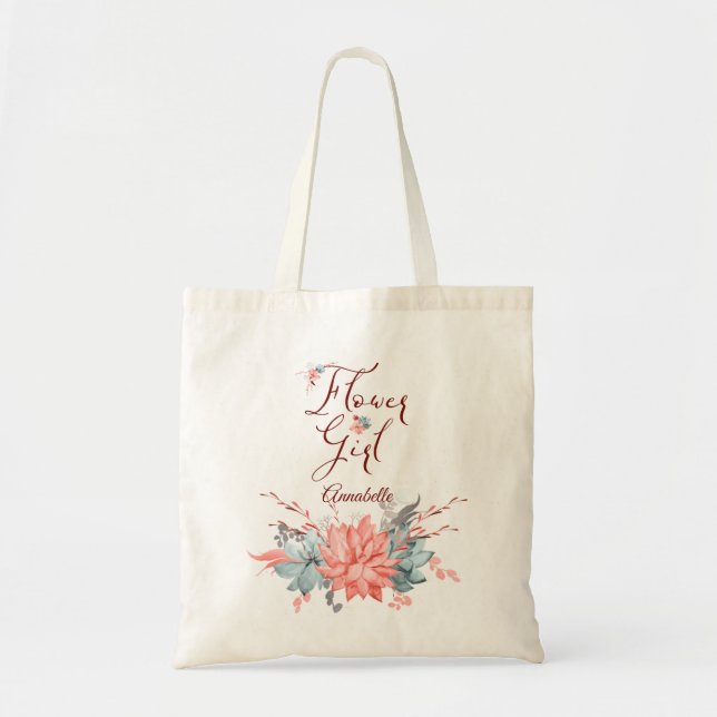 Coral Floral Personalised Flower Girl Tote Bag (Front)