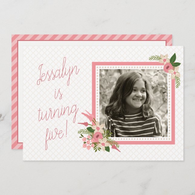 Coral Floral Photo Birthday Invitation - Two-sided (Front/Back)
