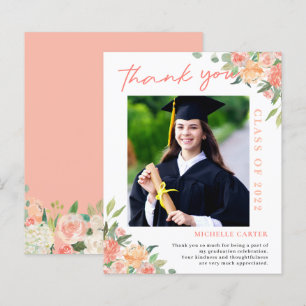 Coral Floral Photo Graduation Thank You Card