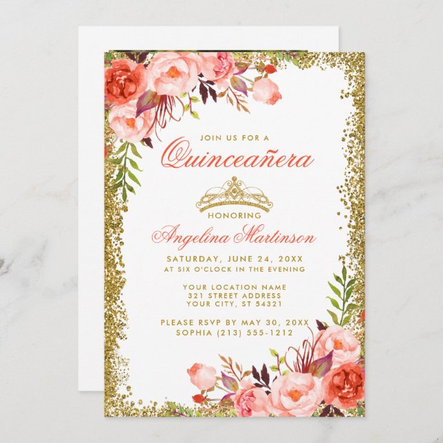 Coral Floral Quinceanera Gold Glitter Photo Invitation (Front/Back)