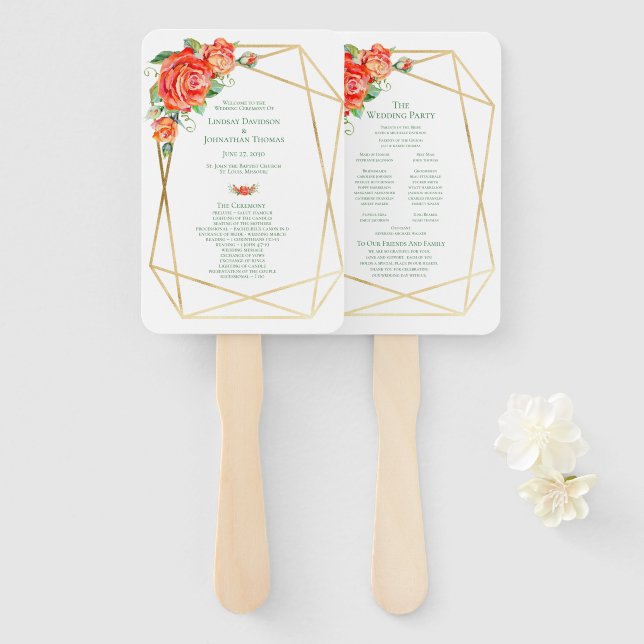 Coral Floral Roses Wedding Hand Fan Program (Front and Back)