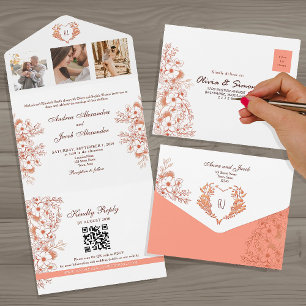 Coral Floral Rustic Chic Wedding All In One Invitation