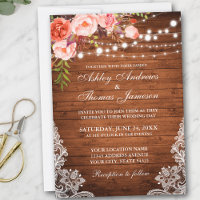 Coral Floral Rustic Wedding Wood Lights Lace