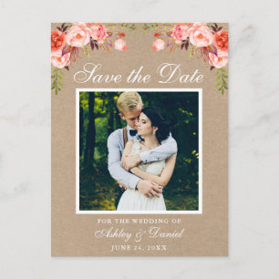 Coral Floral Save the Date Photo Kraft Announcement Postcard