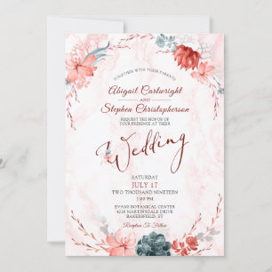 Coral Floral Succulent Marble Wedding Invitation
