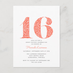 Coral Floral Sweet 16 Birthday Invitation Postcard