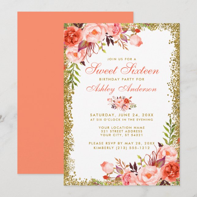 Coral Floral Sweet 16 Gold Glitter Birthday Invite (Front/Back)