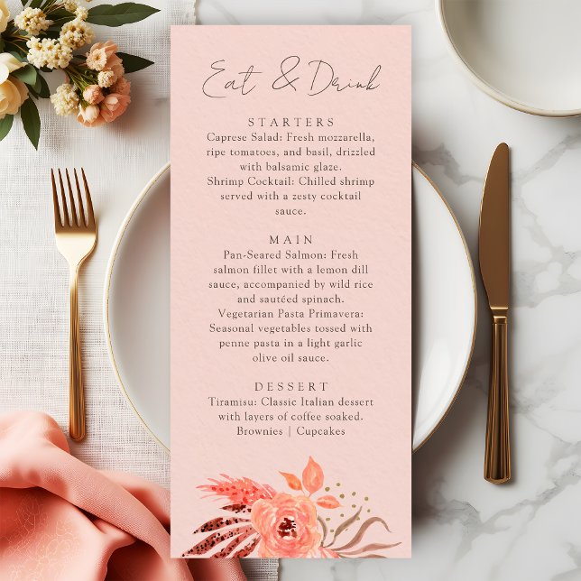 Coral Floral Terracotta Eat and Drink Wedding Menu (Creator Uploaded)