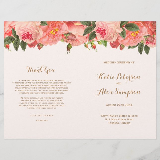 Coral Floral Wedding Programs (Front)