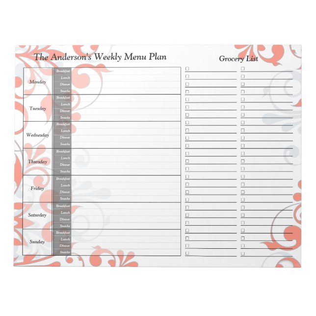 Coral Floral Weekly Personalised Menu Plan Notepad (Front)