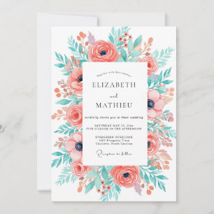 Coral Floral Woodland Wedding Invitation