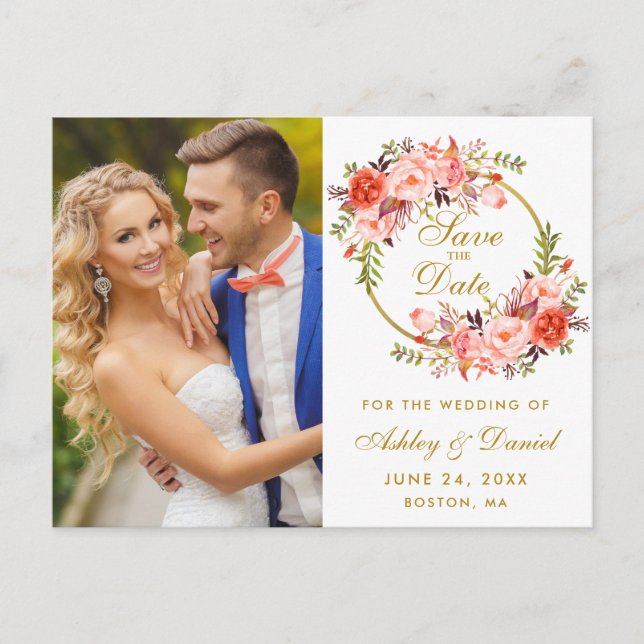 Coral Floral Wreath Gold Save The Date Photo Postcard (Front)