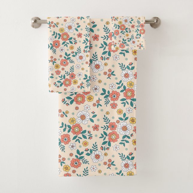 Coral Flower Garden Pattern Bath Towel Set (Insitu)