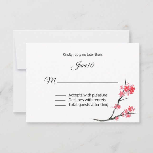 Coral Flowering Branch Wedding RSVP Card (Front)