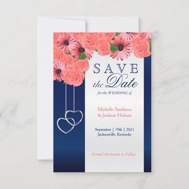 Coral Flowers and Navy Blue - Save the Date (Front)