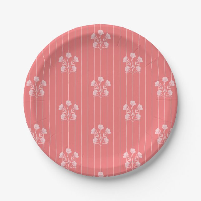 Coral Flowers and Stripes Paper Plate (Front)