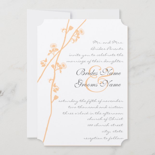 Coral Flowers Grey Font Wild Flower Branch Wedding Invitation (Front)