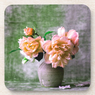 Coral Flowers in Gray Vase Pink Orange Coaster